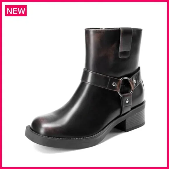 Women's Ankle Booties Motorcycle Boots Chunky Heel Side Zipper Buckles - Picture 2 of 8